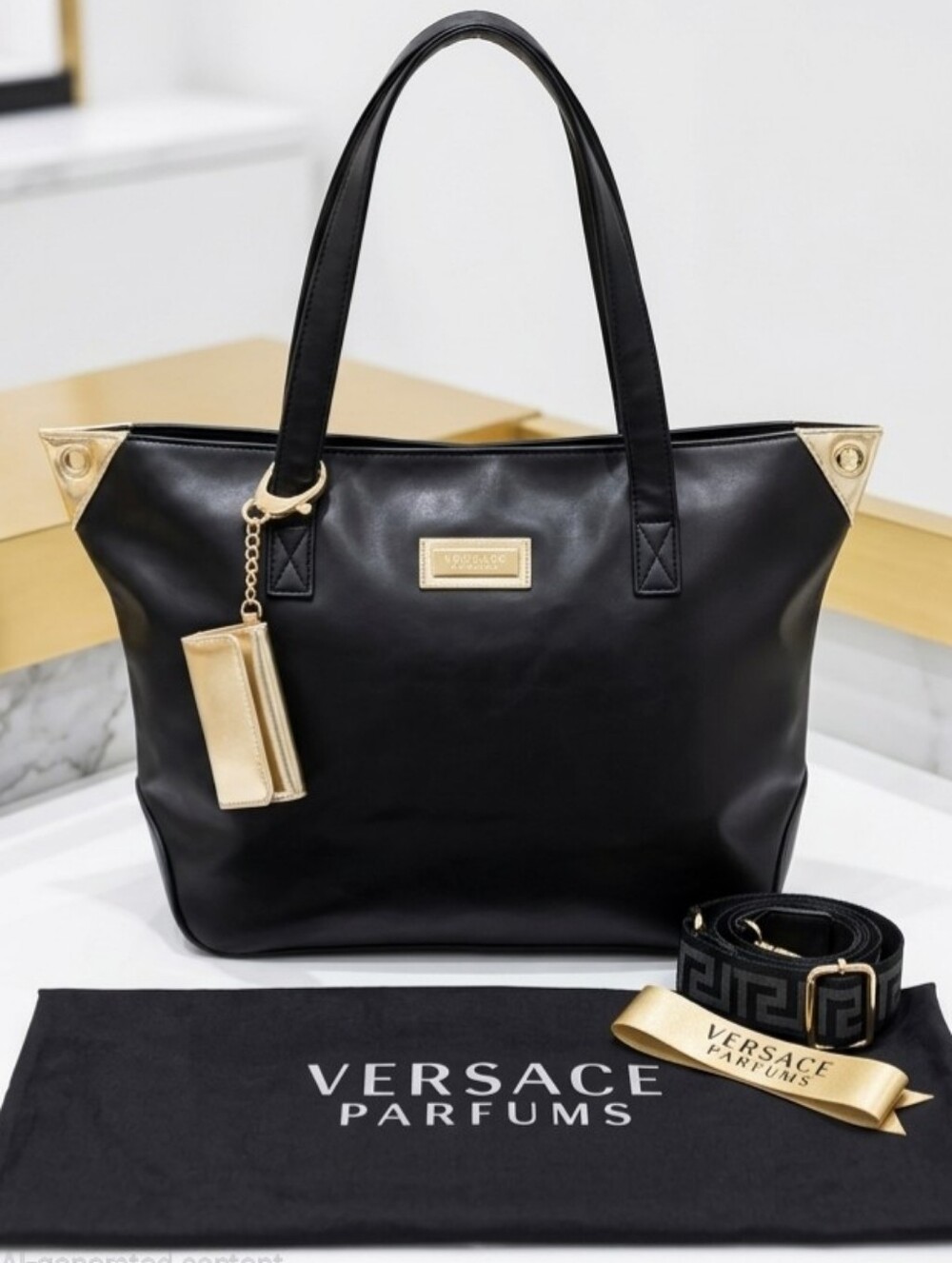 Versace Parfums Black Tote Bag with Greek Key Crossbody Strap & Dust Bag - NWOT